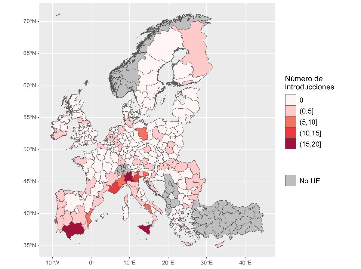Distribución del número de primeras introducciones de plagas y patógenos en la UE y Reino Unido entre 1999 y 2019 (Martina Cendoya).